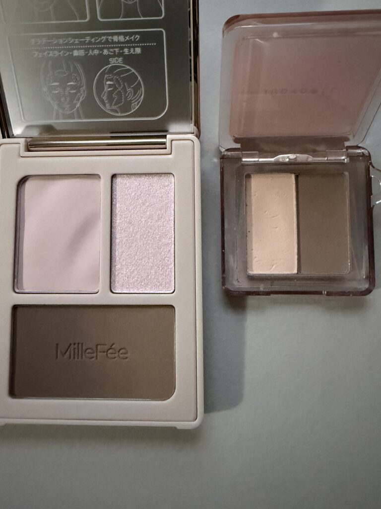 MilleFée チート顔コントゥアパレット03とJUDYDOLL #01Nの色味比較